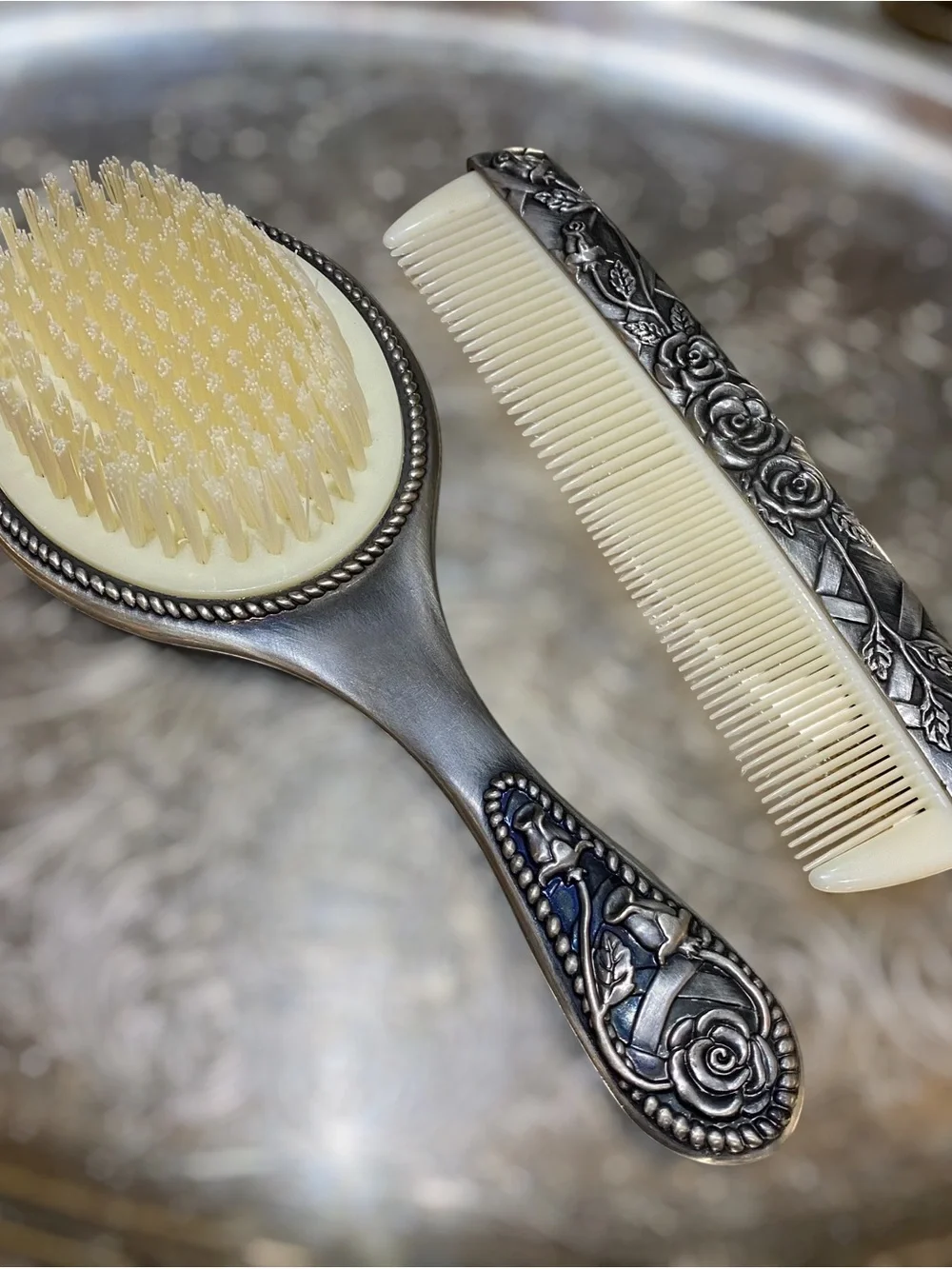 Vintage Silver Floral Vanity Set with Brush and Comb
